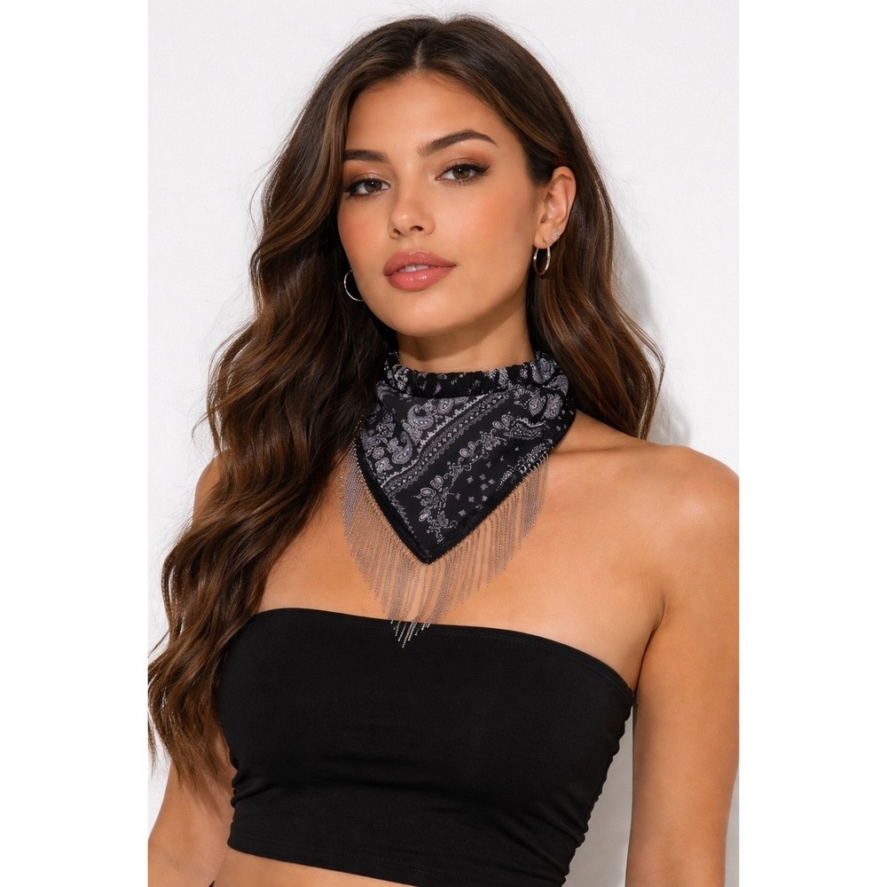Black Paisley Bandana Choker Necklace Silver Chain Fringe Western Festival